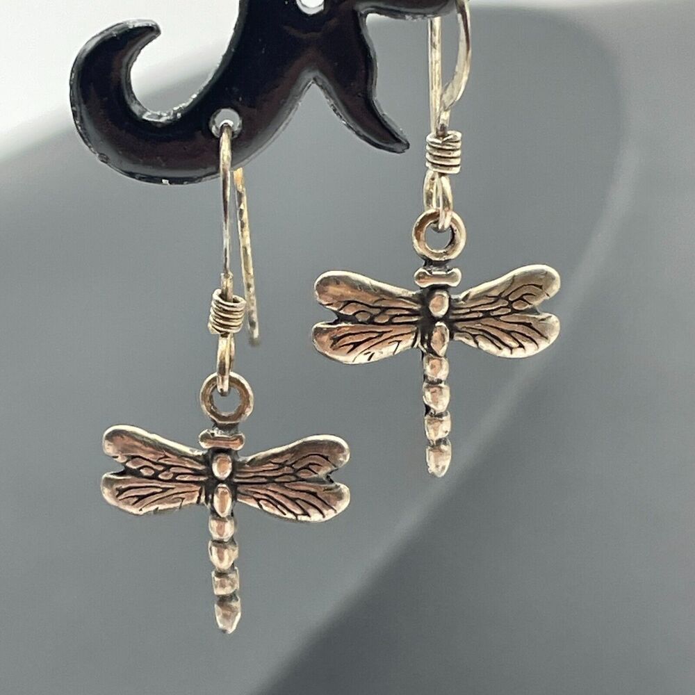Dainty S925 Sterling Silver Dragonfly Dangle Earrings French Wire Hooks Pierced